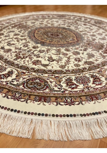 Çiçek Motifli 250 X 250 Yuvarlak İpek Halı Bej