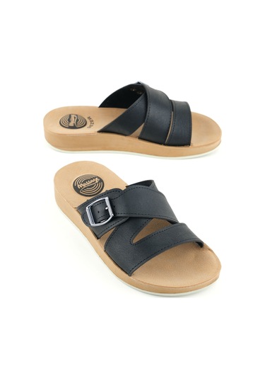 Gezer Kadın Yazlık Alt Taban Pu Suni Deri Tek Toka Ayarlanabilir Rahat Masaj Taban Günlük Terlik Siyah