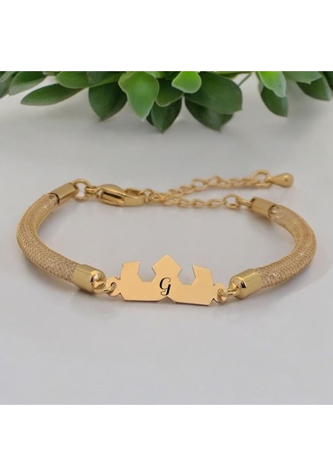 Archin G Harfine Özel Taç Motifli 14 Ayar Altın Plakalı Hasır Kordonlu Hediye Bileklik-461harf G