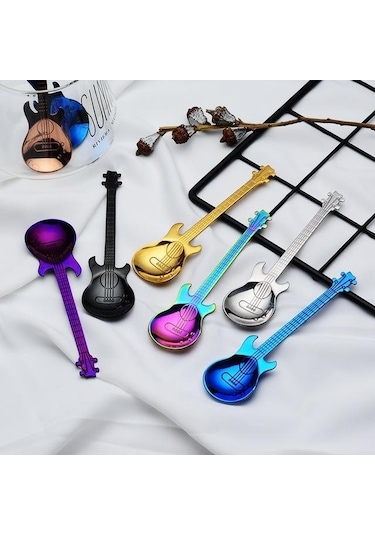 Mavi 1 Adet Paslanmaz Çelik Gitar Kaşık Gökkuşağı Kahve Ve Çay Kaşığı Sofra Takımı İçme Araçları