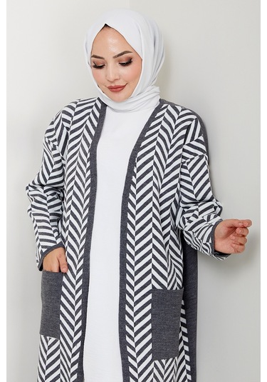 Çizgi Detaylı Triko Hırka 1604 - Antrasit Antrasit