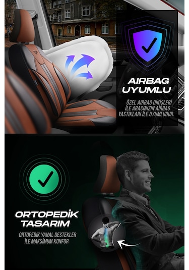 Panda Carlone Serisi Ful Deri Oto Koltuk Kılıfı - Tam Set Taba - Siyah