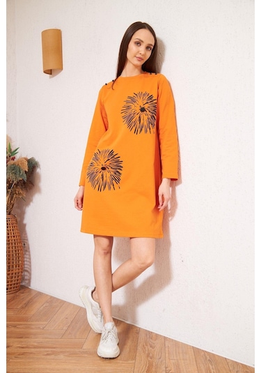 Darlin Moda Turuncu Baskılı Düğme Detaylı Tunik DM60346 Turuncu