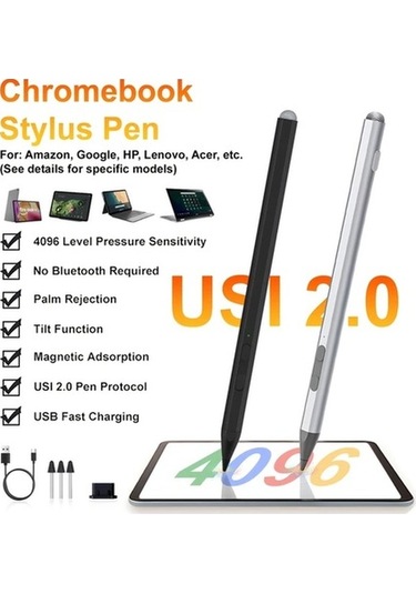 Fastbuy Silver Usı 2.0 Chromebook Stylus, 4096 Basınç Duyarlı, Usb C Hızlı Şarj, Palm Rejection, Lenovo Hp Asus Acer Uyumlu