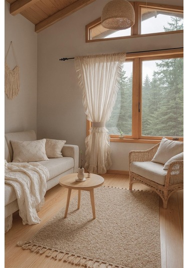 Fırfırlı Tül Perde Tek Kanat Romantik Volanlı Bağlamalı Ekru