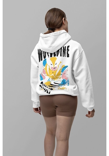 Sevbano Wolverine Karakter Baskılı Unisex Oversize Hoodie Beyaz