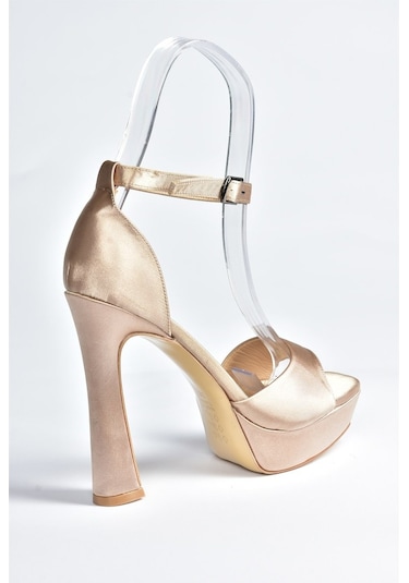 Fox Shoes Vizon Saten Kumaş Platform Kalın Topuklu Kadın Ayakkabı