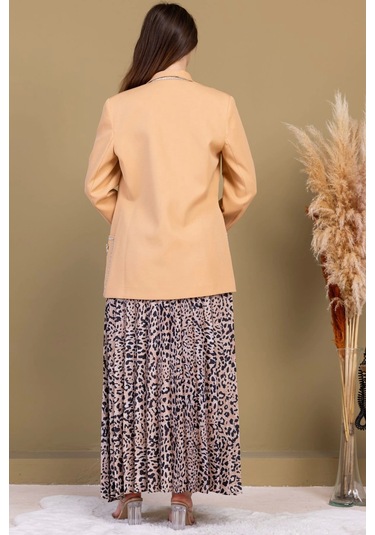 Leopar Desenli Ceketli Üçlü Takım 4715-camel Camel