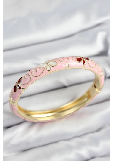 Mineli Pirinç Pembe Çiçek Motifli Gold Kadın Kelepçe