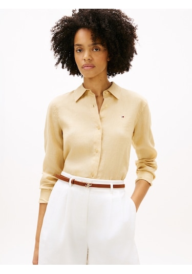 Tommy Hilfiger Ess Lınen Relaxed Shırt Kadın Bej Uk Gömlek - Ww0ww44679
