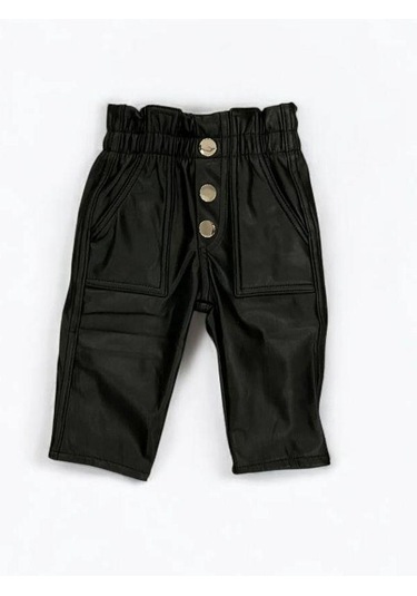 Kız Çocuk Deri Şardonlu Tayt Pantolon-15044 Siyah
