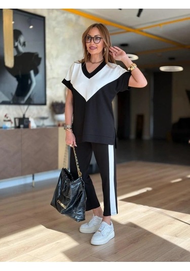 Modaserdem Kadın Kısa Kollu V Yaka Siyah Beyaz Renkli Viskon Iki Iplik Kumaş Eşofman Takımı Siyah