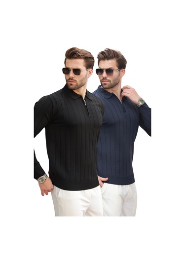 Siyah/lacivert Polo Yaka Fermuarlı 2'li Paket Örme Kazak E7456 Siyah/lacivert