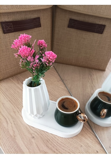 Mini Desenli Oval Beton Saksı Tekli Ve Oval Tabak - Yapay Çiçek Hediyeli - Pembe Tomurcuk