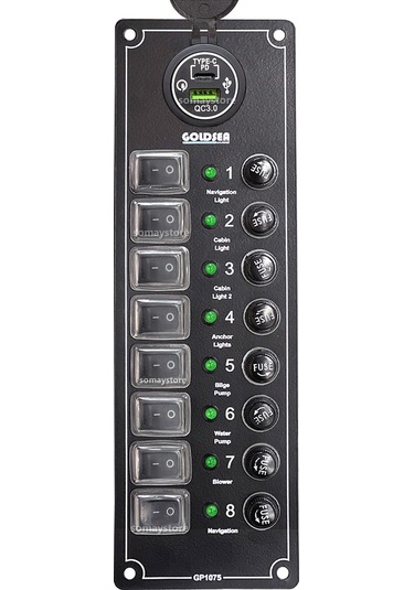 Goldsea Switch Panel 8 Anahtarlı Voltmetreli Usb-C Soketli 12-24 V 250X80Mm