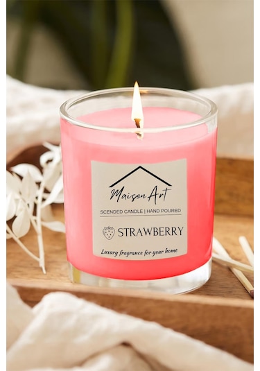 Scended Çilek Kokulu Cam Bardak Mum Dekoratif Mumluk