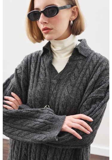 Yakalı Saç Örgü Kazak Antrasit Antrasit