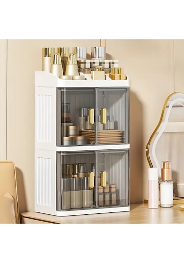 Willowhaven Cream Transparent 3 Katlı Büyük Kapasiteli Katlanır Makyaj Organizatörü Krem + Şeffaf