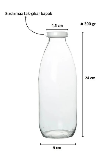 Rotanev 2 Adet Beyaz Plastik Kapaklı 1 Litre Şeffaf Sürahi Süt, Ayran, Su, Limonata Meşrubat Şişesi Cam Şişe