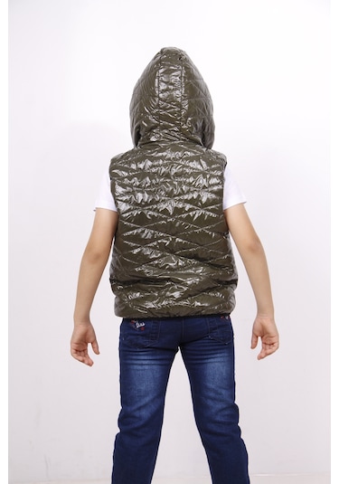 Toontoy Erkek Çocuk Kapşonlu Parlak Yelek Haki