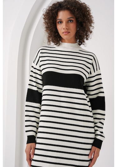 Bigdart 15898 Çizgili Uzun Triko Elbise - D. Siyah