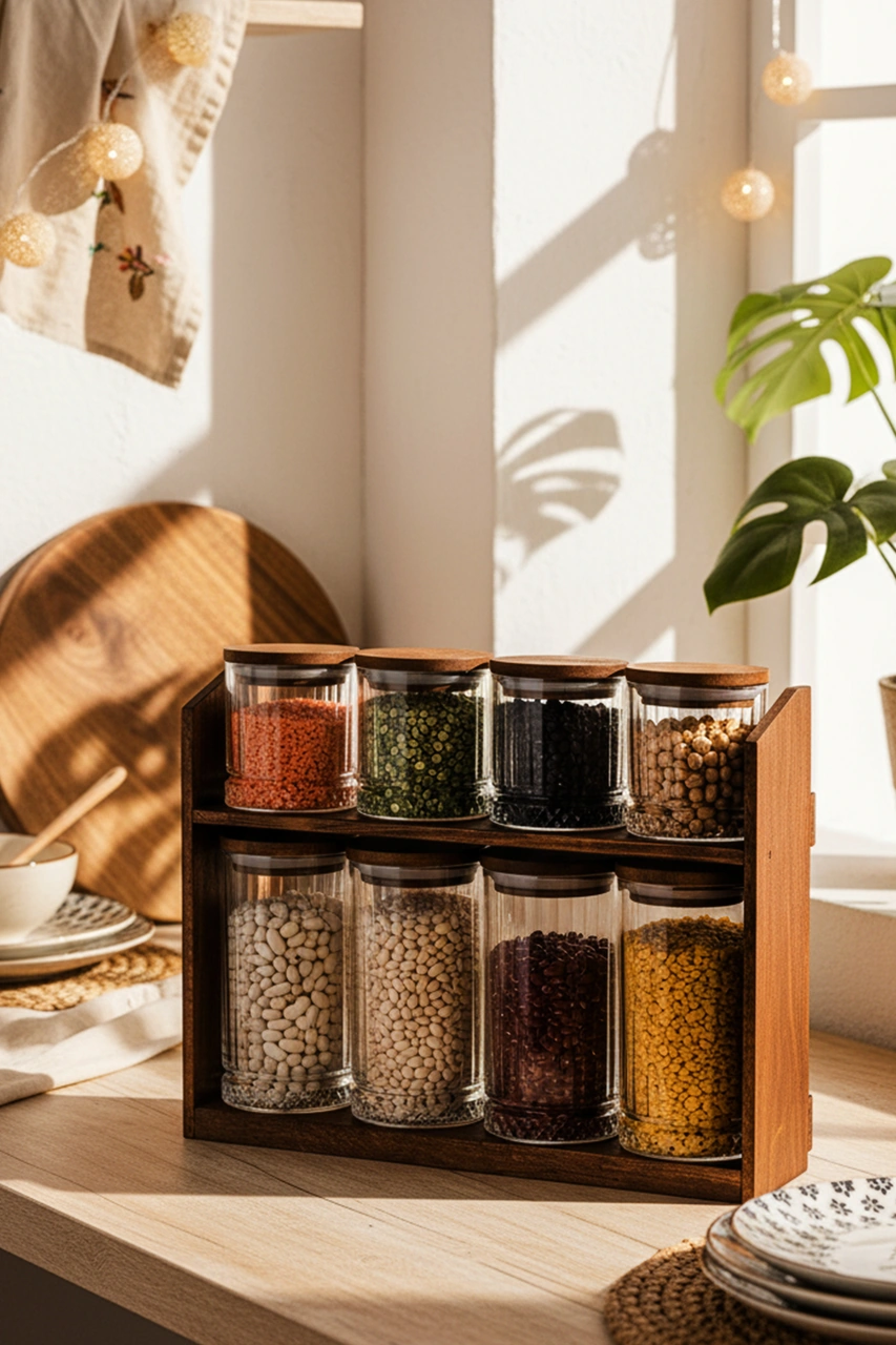 Mira Mix - 8'li Ahşap Standlı Vakumlu Ahşap Kapaklı Cam Baharatlık Takımı Saklama Kabı Seti Ahşap