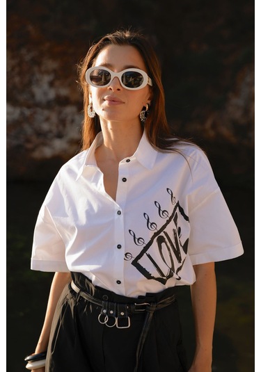 Kadın Kısa Kollu Baskı Detaylı Gömlek Frn6005 Beyaz