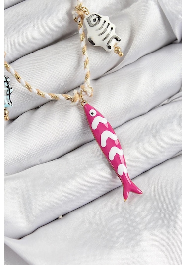 Seramik Motifli Pembe Balık Figürlü Model Krem İp Kadın Kolye Çok Renkli
