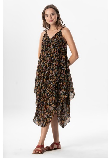 Askılı Vual Afrodit Midi Boy Yazlık Elbise Çiçek Siyah 6240 Çiçek Siyah