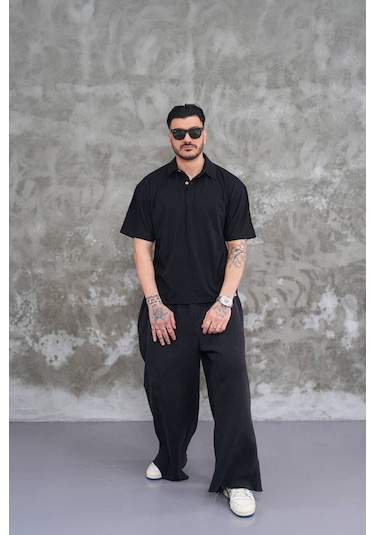 Erkek Polo Yaka Oversize T-shirt SIYAH