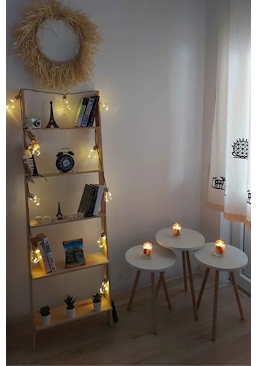 3'lü Zigon Sehpa Seti Saksılık Ve Çiçeklik Standı, Dekoratif Yan Sehpa Ahşap Ayaklı 33 Cm Çap - Beyaz Beyaz