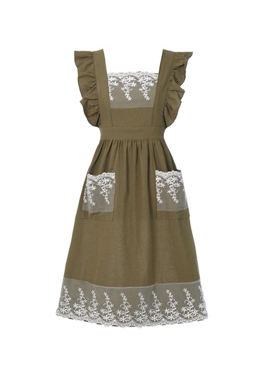 Kadınlar İçin Cepli Vintage Önlükler Sevimli Dantel Fırfır Ayarlanabilir A Ordu Yeşili, Diğer