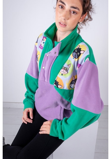 Kadın Erkek Kedi Desenli Yarım Fermuarlı Polar Sweatshirt