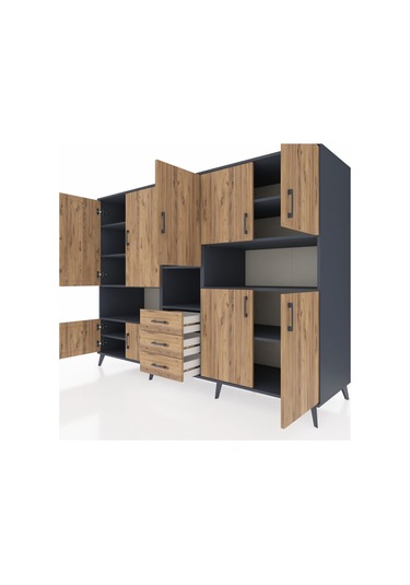 Kronos Dolap 13 Raflı 3 Çekmeceli 9 Kapaklı 220x59x163 Antrasit-ç Antrasit-çam