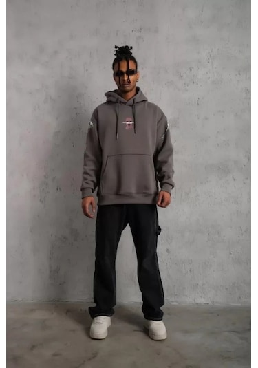 Vexor Erkek Maske Baskılı Kapüşonlu Sweat - Gri