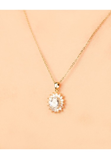 Kadın Kararmaz Çelik Takı Oval Zirkon Taşlı Abiye Kolye