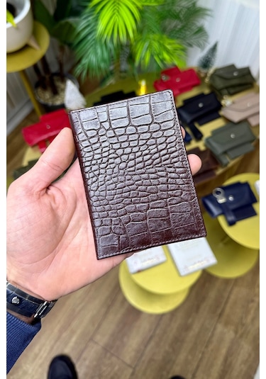 Premium Deri Ruhsat Kılıfı Ve Anahtarlık Seti Kahverengi Croco