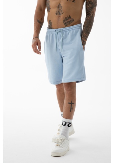 Erkek Açık Mavi Yüksek Kalite Relax-fit Rahat Kesim %100 Pamuk Bağcıklı Siyah Düz Basic Şort Açık Mavi