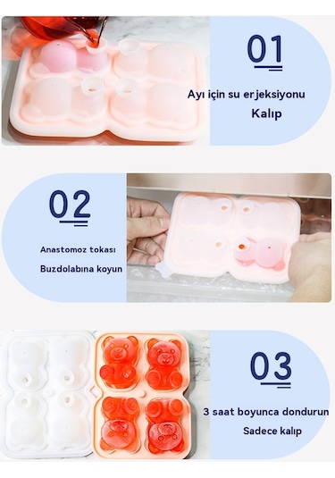 Tcherchi Silikon 6'lı Ayı Buz Kalıbı, Kahve, Süt, Çay, Şekerleme, Dekorasyon İçin Buz Kalıpları Pembe