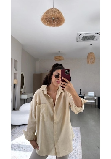 Defymoda Kadın Tek Cepli Over Size Ketem Gömlek Vizon