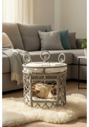 Reyo Lüxperi Kristal Taşlı İki Katlı Kedi Yatağı, Kedi Ranzası Açık Gri