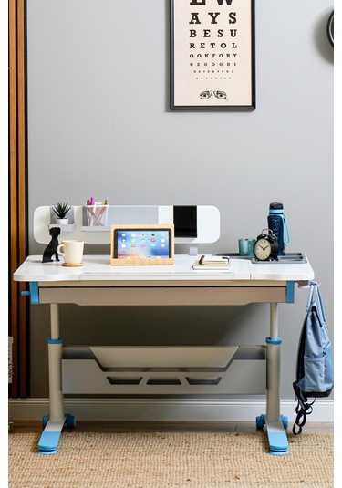 Sirius Standart Yükseklik Ve Eğim Ayarlı Çekmeceli Bilgisayar, Ofis Ve Çalışma Masası Ekru Mavi Gri