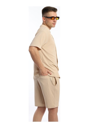 Polo State Erkek Crinkle Kumaş Gömlek - Şort Takım - Bej