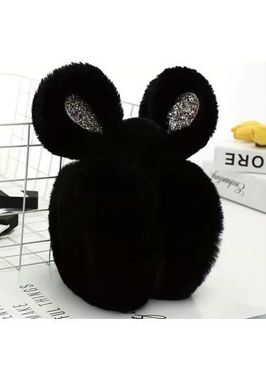 Elmpaly Siyah 1 Adet Peluş Tavşan Kulaklığı Yumuşak Esnek Parıltılı Kışlık Kulak Koruyucu