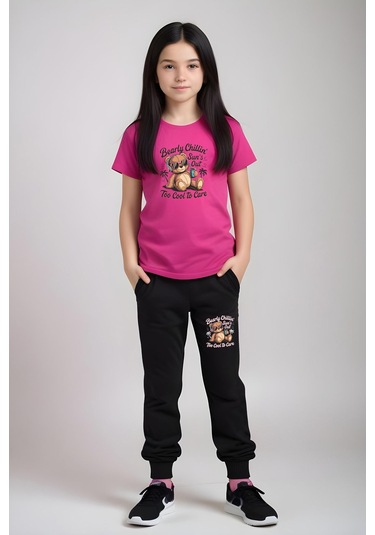 Fyk Kids Kız Çocuk Yuvarlak Yaka Baskılı Bearly Chillin Alt-üst Pijama Takımı Fuşya