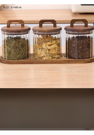 Qerhome 3'lü Borosilikat Cam Akasya Stantlı Akasya Kapaklı Çizgili Baharatlık 600 Ml ŞEffaf