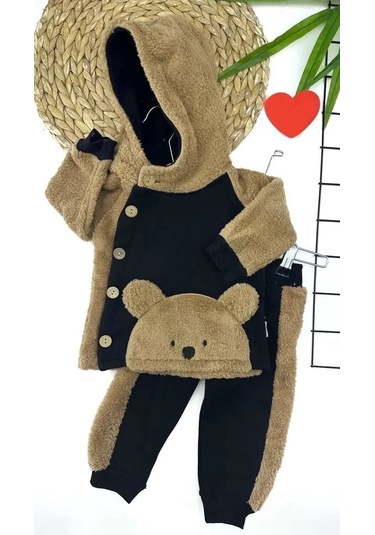 6-12-18-24 Ay Düğme Kapamalı Kapşonlu Ceket Welsoft Detaylı 2li Erkek Bebek Takımı Siyah Çok Renkli