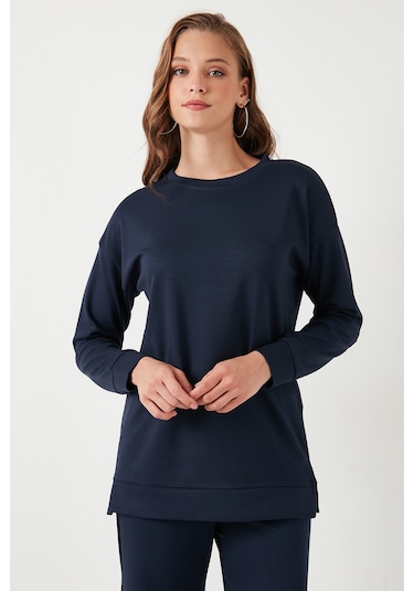 Lela Streç Oversize Fit Bisiklet Yaka Modal Kumaş Bayan Sweat 5865877 Lacivert
