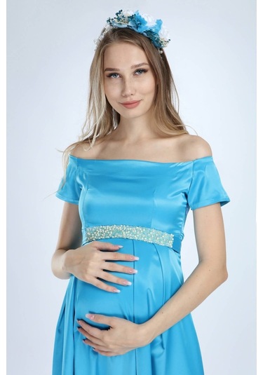 Moda Labio Modalabio Saten Incili Mavi Hamile Elbise
