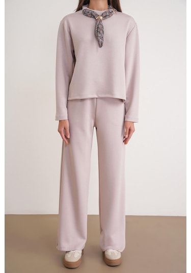 2026 Kadın Fular Detaylı Modal Alt Üst Eşofman Takım Bej Bej